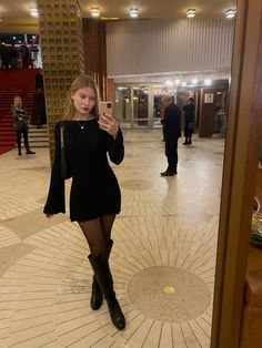 Black Dress Long Boots, Long Sleeve Black Mini Dress Outfit, Black Skirt Knee High Boots, Classy Outfits With Boots, Knee High Boots Outfit Going Out, Black Dress And Knee High Boots, Fall High Boots Outfit, Leather Boots Outfit Knee High, Cute Outfits With Knee High Boots