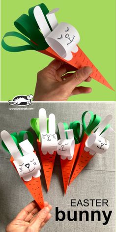 paper carrots with the words easter bunny written on them in white and green colors