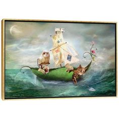 an owl sitting on top of a green boat in the ocean with other animals around it