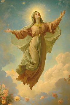 a painting of the immaculate mary in flight with her arms outstretched and hands out to the sky