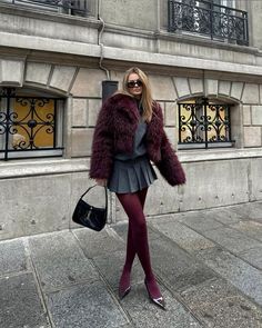 Burgundy Tights, Colored Tights Outfit, Nyc Outfits, Fashion Fails, Fur Clothing, Fashion Mistakes