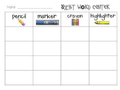 sight word center with pencils, crayon and highlighter on it's side