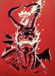 a red and black drawing of a demon with horns