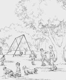 a drawing of children playing in a park with a swing set and dog on the ground