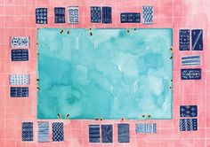 an aerial view of a pool surrounded by blue and pink tiles