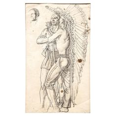 an old drawing of a native american man standing with his arms crossed and headdress on