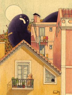 an image of a cat sitting on the roof of a house with another cat in the window