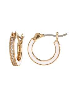 Dress it up or dress it down, our jewelry collection is filled with pieces that add instant polish.  Brass with gold finish.  Enamel accents.  Hypoallergenic, stainless steel backs are surgical grade, nickel free.  Length: 0. 5" (1. 3cm) Gold Enamel Hoop Jewelry, Nickel-free White Huggie Earrings, White Gold Plated Tarnish Resistant Hoop Earrings, White Gold Plated Tarnish-resistant Hoop Earrings, White Gold-plated Tarnish-resistant Hoop Earrings, Hypoallergenic White Huggie Earrings Gold-plated, Everyday Gold Enamel Earrings, Everyday Gold Enamel Jewelry, Nickel Free Enamel Hoop Jewelry