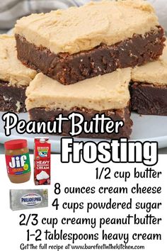 peanut butter frosting brownies are stacked on top of each other, with the text below it