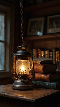 an old fashioned lantern sitting on top of a wooden table next to books and a window