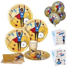 the party supplies include plates, napkins, and cups for children to use on their birthday