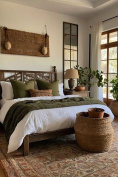 a bedroom with a large bed and plants on the wall