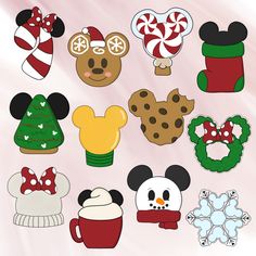 mickey mouse and other holiday themed items on a pink background with white snowflakes