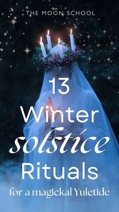 a woman in white dress with candles on her head and the words 13 winter solstic ritual