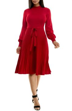 Nina Leonard Tie Waist Fit & Flare Sweater Dress | Nordstromrack Flare Sweater Dress, Daytime Dresses, Long Sleeve Sweater Dress, Church Outfits, Pleated Dress, Tie Back, Fit & Flare, Sleeve Sweater, Flare Dress