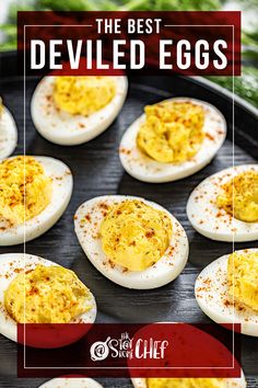 deviled eggs on a grill with text overlay