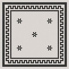 a black and white rug with an intricate design on the bottom, surrounded by small squares