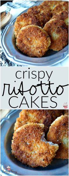 crispy fritotto cakes on a plate with the words crispy fritotto cakes