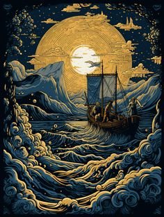 an old ship sailing in the ocean at night with a full moon and clouds above it