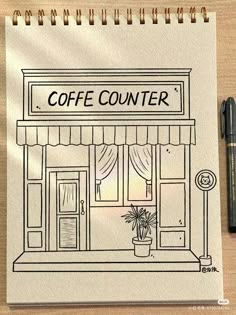 a drawing of a coffee shop with the words coffee counter written in black on it