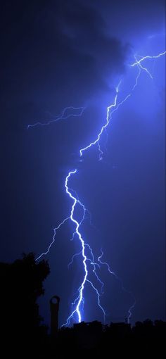 lightning strikes in the night sky above trees