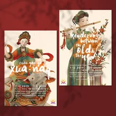 two posters for the chinese new year with an image of a woman holding a flute