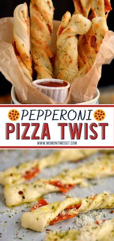 pepperoni pizza twists with tomato sauce on the side and text overlay that reads pepperoni pizza twist