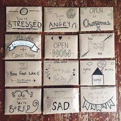 several pieces of paper that have been drawn on them with words and phrases written on them