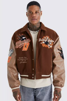 🛒 Selling Fast! Add To Bag Brown Varsity Jacket, Varsity Aesthetic, Varsity Jacket Outfit, College Jackets, Varsity Jacket Men, Letterman Jacket, Leather Sleeve