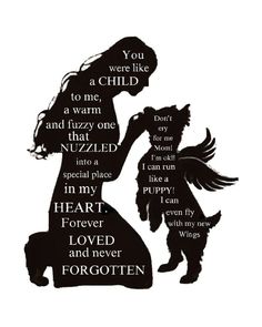 a silhouette of a woman holding a dog with words written on it