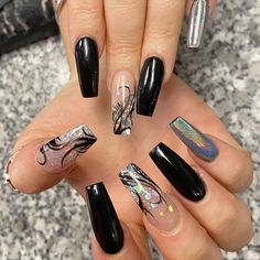 32 Elegant Black Nail Art Designs Ideas for 2020 Black nail designs Opal Nails, Sculpted Nails, Black Acrylic Nails, Black Nail Art, Pretty Nail Designs, Black Nail Designs, Gel Nail Design, Designs Nail, Manicure Ideas