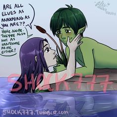 two people in the water, one with green hair and another with purple hair are talking to each other