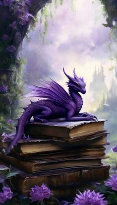 a purple dragon sitting on top of a pile of books in the middle of flowers