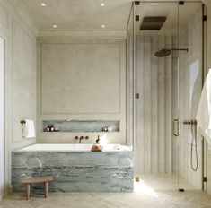 a large bathroom with a walk in shower next to a bathtub