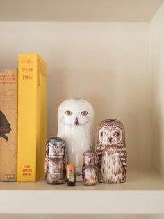 three owl figurines sitting on top of a book shelf next to two books