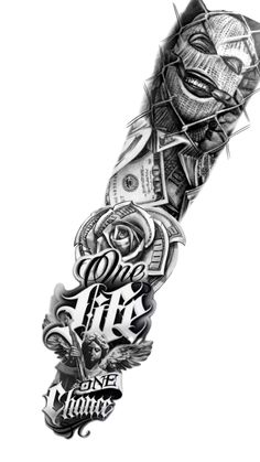 an arm tattoo with money and tattoos on it