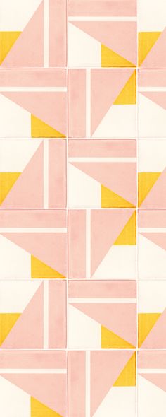 pink, yellow and white geometric tile with small triangles on it's sides in different colors