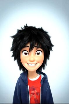 an animated character with black hair and red shirt smiling at the camera while standing in front of a lamp