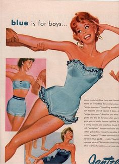 an old advertisement for blue is for boys featuring a woman in swimsuit and panties