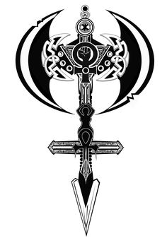 a cross with two swords in the middle and an arrow at the bottom, on a white background