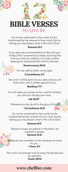 the bible verses to live by with flowers and leaves on it, in pink