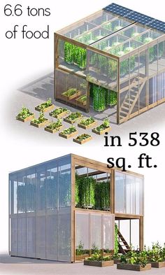 three different types of greenhouses with plants growing in them and on the roof, side by side