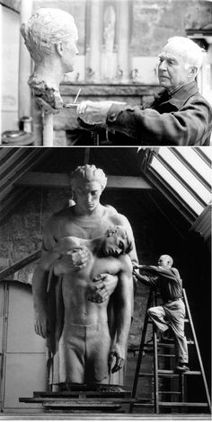 two pictures of men and women with one holding a baby while the other holds a statue