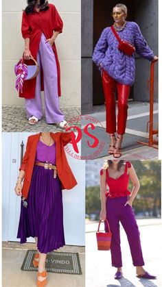 Abbina i colori Purple Pants Outfit, Colorful Wardrobe, Colour Combinations Fashion, Color Combos Outfit, Colorful Outfits, Color Blocking Outfits, Color Combinations For Clothes, Purple Outfits, Red Outfit