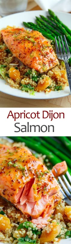 two plates with salmon, rice and asparagus on them