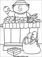 a coloring page with an image of a person in front of a basket full of fruit