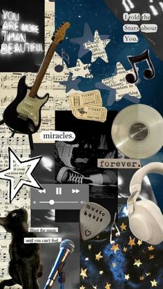 a collage of music related items including headphones