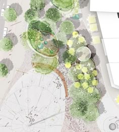 an artist's rendering of a garden with trees and flowers on it, including circular seating areas