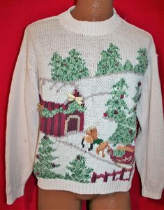 Christmas Tree Ugly Sweater, Reindeer Sleigh, Tacky Christmas Sweater, Cute Christmas Sweater, Vintage Christmas Sweaters, Ugly Christmas Sweater Women, Reindeer And Sleigh, Tacky Christmas, Holiday Party Outfit