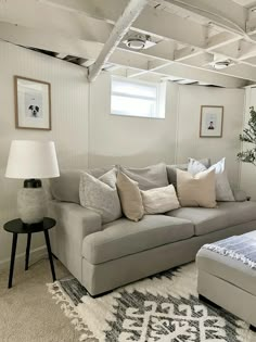 a living room filled with furniture and a large rug on top of a carpeted floor